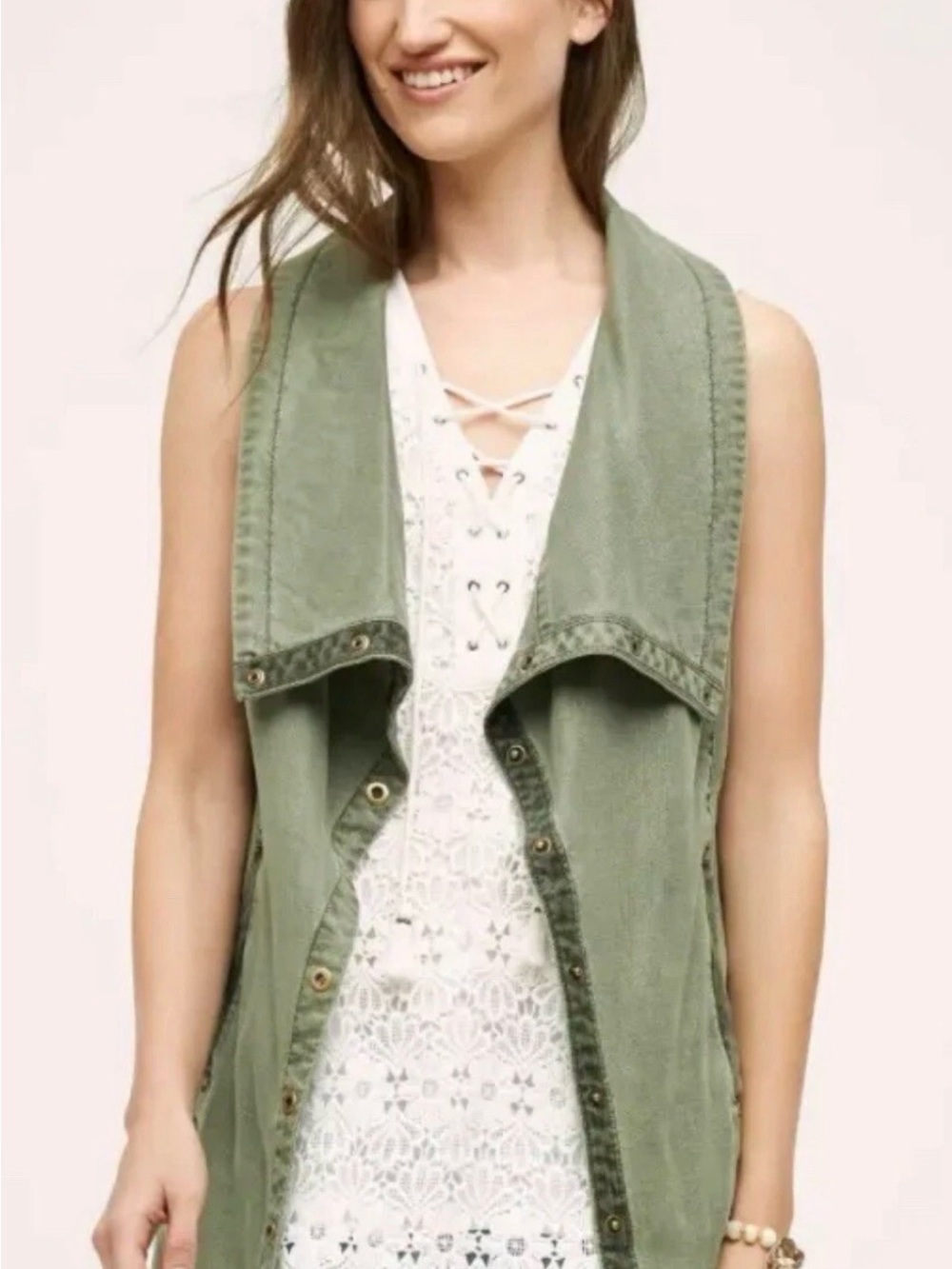 Anthropologie Marrakech Tombolo Vest small  army green snap layer boho